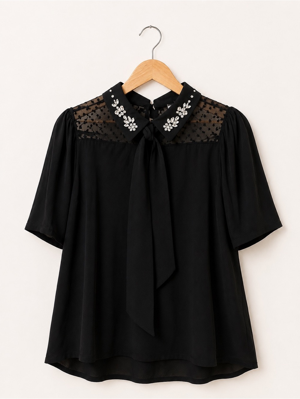 Misia Embellished Black Tie-Neck Blouse Large L
